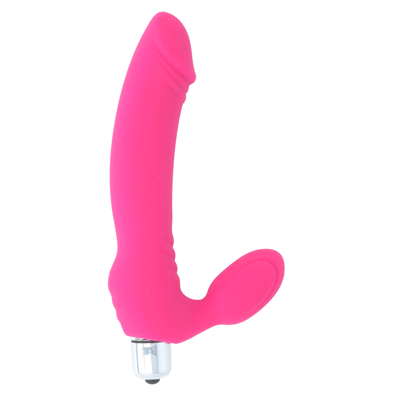 Gode strap-on Sugar en silicone rose vu de face, longue tige incurvee et base courte interne, vibration par embout chrome, accessoire de penetration sans harnais pour couple.