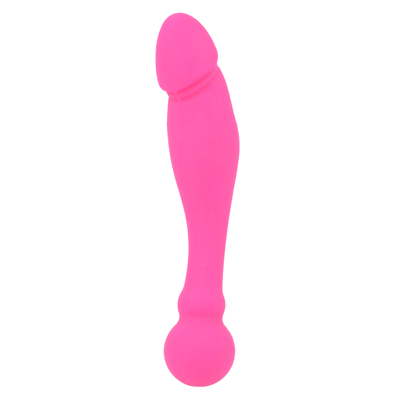 Gode Rick rose en silicone de profil, tete realiste et base boule, tige fine incurvee qui cible les zones sensibles, jouet de penetration polyvalent pour debuter.