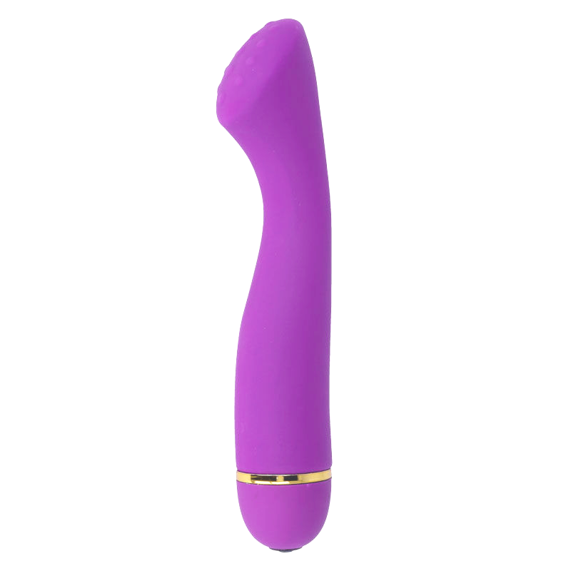 Vibromasseur point G Intense Lilo en silicone medical lilas, vue de face, tige fine a pointe incurvee et anneau dore, 20 modes de vibration etanche et silencieux.