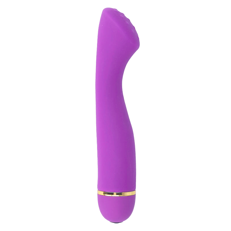 Vibromasseur point G Intense Lilo en silicone lilas, vue de profil, pointe incurvee marquee et corps elance, anneau dore, jouet etanche a 20 modes de vibration.