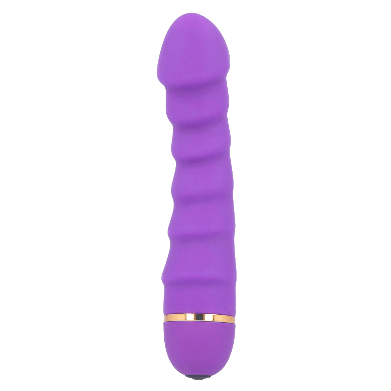 Vibromasseur Intense Sally lilas vu de profil, fut a renflements spirales empiles et tete douce, anneau dore, jouet vaginal a relief texture 20 modes de vibration.