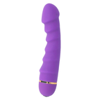 Vibromasseur Intense Sally en silicone lilas, vue de face, corps a stries ondulees regulieres et pointe bombee, base doree, stimulateur point G texture etanche.
