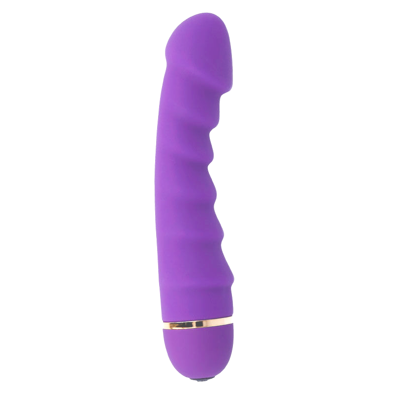 Vibromasseur Intense Sally en silicone lilas incline, corps a anneaux ondules et pointe arrondie, base doree, stimulateur point G a ondes oscillantes et 20 modes.