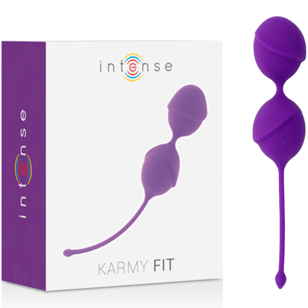Boite Intense Karmy Fit violette et ses boules de Kegel assorties en silicone, deux spheres reliees et cordon de retrait, kit de musculation perineale progressive.