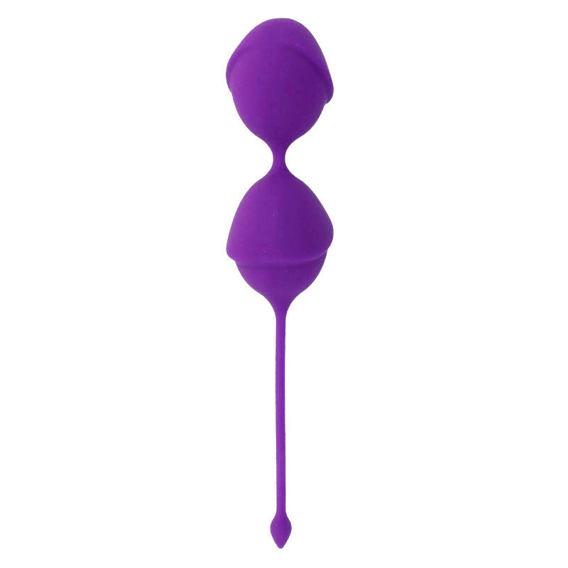 Boules de Kegel Karmy Fit en silicone violet, deux spheres superposees et longue cordelette souple, accessoire de renforcement du perinee pour un entrainement en douceur.