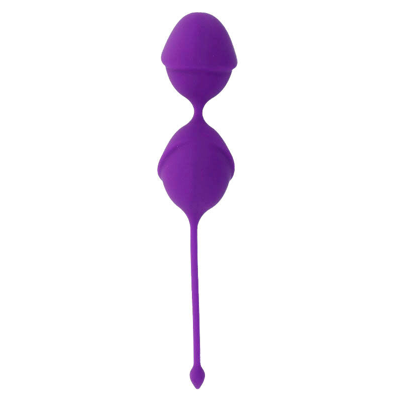 Boules de Geisha Karmy Fit violettes en silicone, paire de billes reliees et cordon de retrait, exercice de Kegel progressif pour tonifier le plancher pelvien.
