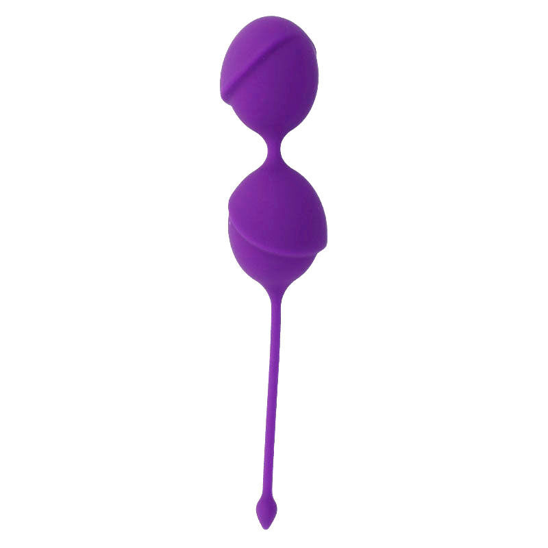 Boules de Kegel Karmy Fit en silicone violet presentees verticalement, deux spheres et cordelette de retrait, kit de musculation intime pour renforcer le perinee.