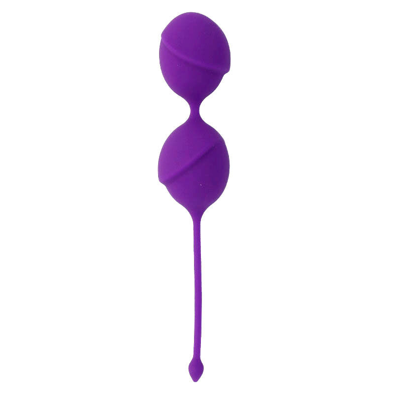 Boules de Kegel Karmy Fit violettes en silicone, deux billes superposees et long cordon souple, accessoire de renforcement perineal progressif pour usage quotidien.