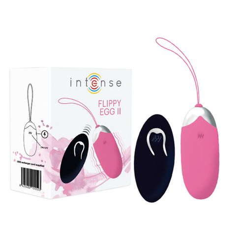 Boite Flippy Egg II Intense presentant l'oeuf vibrant rose, sa telecommande sans fil et son cable USB, sextoy interne discret rechargeable a porter en couple