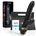 Vibromasseur Ibiza noir avec bras stimulateur externe relié par un anneau doré à la tige principale lisse, packaging Suction Extender Vibrator, sachet de lubrifiant Waterfeel Neutre.