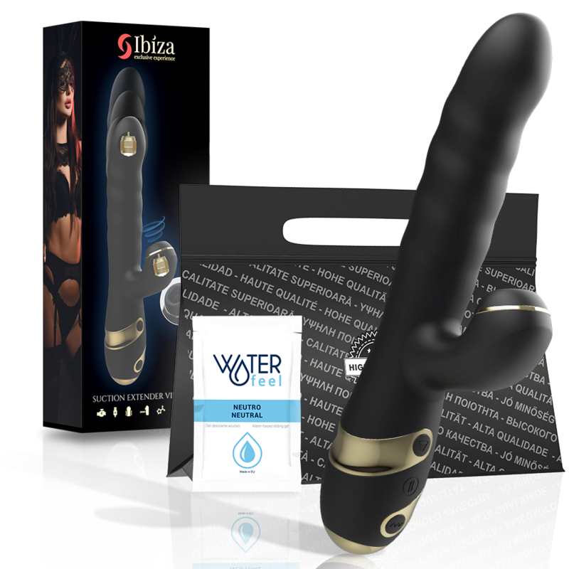Vibromasseur Ibiza noir avec bras stimulateur externe relié par un anneau doré à la tige principale lisse, packaging Suction Extender Vibrator, sachet de lubrifiant Waterfeel Neutre.