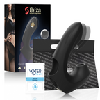 Stimulateur Ibiza noir en forme de crochet à porter au doigt, embout évasé pour la succion, avec sachet de lubrifiant Waterfeel Neutre.