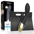 Vibromasseur lapin Ibiza noir et doré, packaging mettant en avant le silicone doux au toucher (Soft Material), sachet de lubrifiant Waterfeel Neutre.