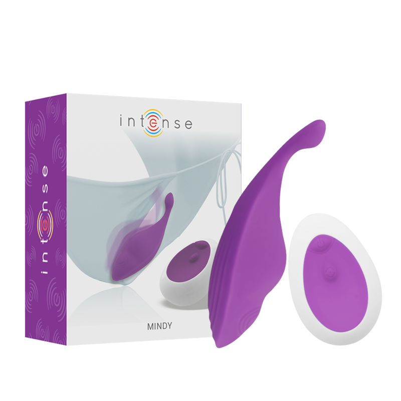 Boite Mindy Intense et culotte vibrante violette en silicone avec sa telecommande ovale ; stimulateur a porter dans la culotte, dix modes, etanche IPX7, pilotage sans fil