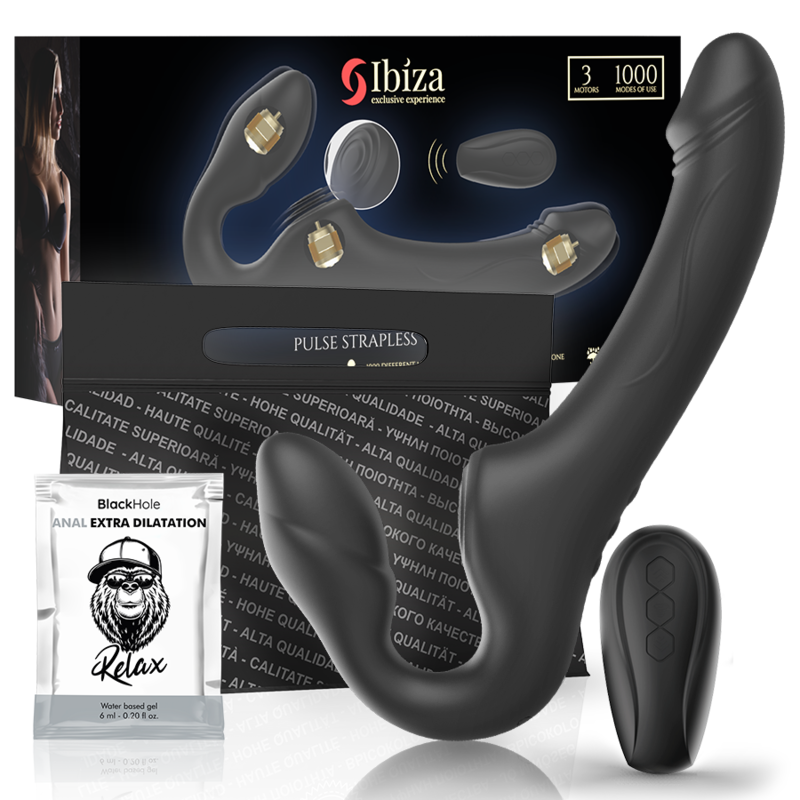 Harnais vibrant Ibiza noir Pulse Strapless, base incurvée insérable et tige externe striée, télécommande à motif hexagonal, packaging 3 moteurs et 1000 modes, sachet de gel BlackHole Anal Extra Dilatation.