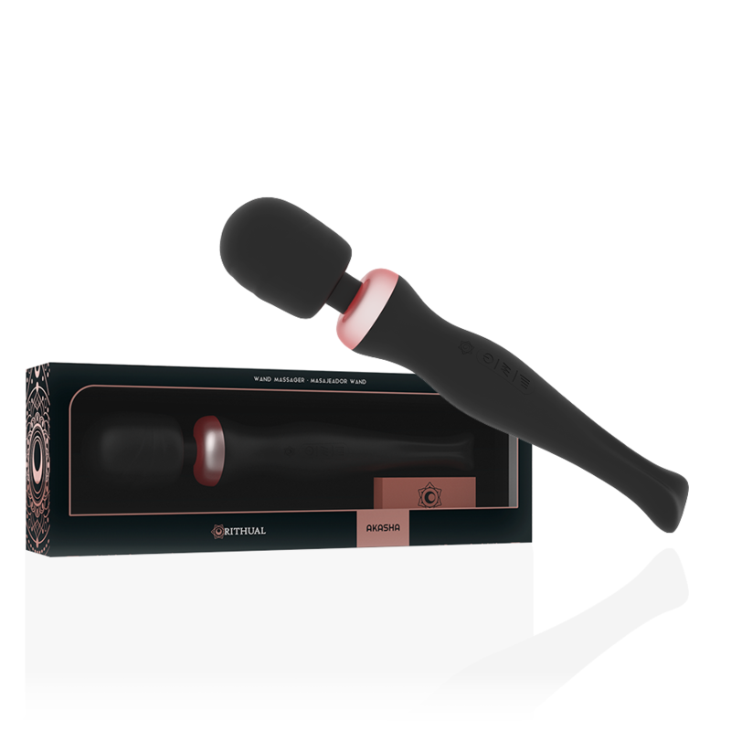 Masseur clitoridien Akasha Rithual presente de face a cote de sa boite noire, wand en silicone medical a tete flexible arrondie, 20 modes de vibration, rechargeable USB.