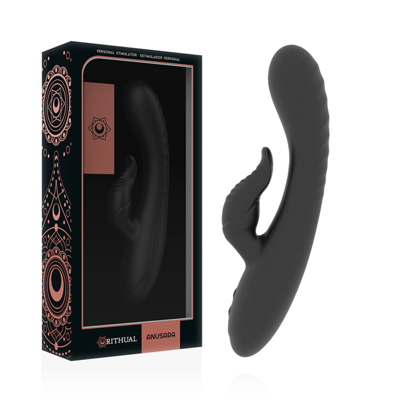 Boite noire Rithual Anusara et vibromasseur rabbit noir de profil, packaging mandala cuivre du sextoy double stimulation en silicone medical