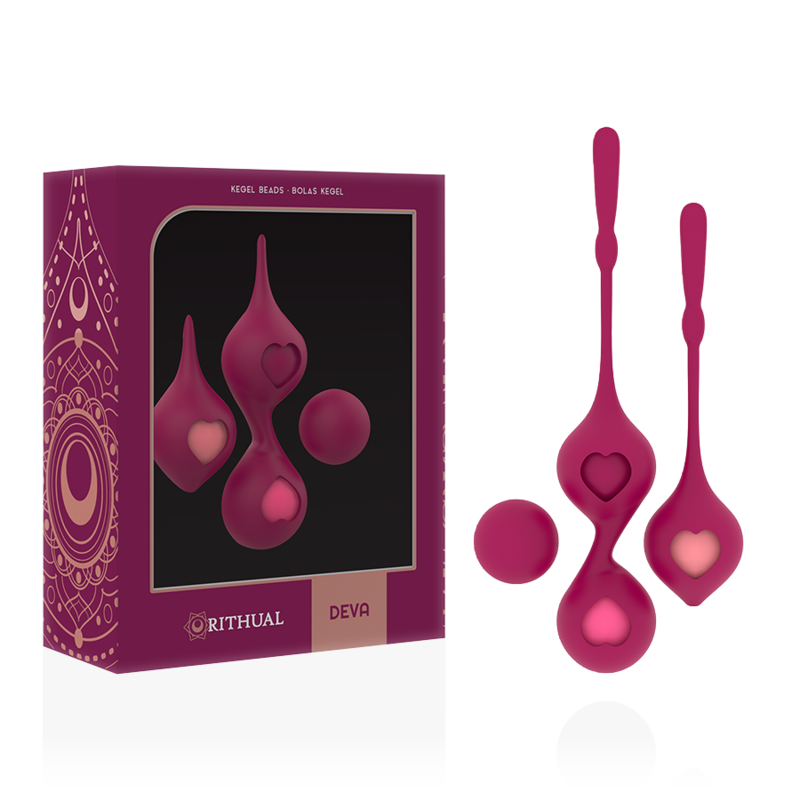 Boite Deva Rithual bordeaux et kit de boules de Geisha en silicone assorti, billes interchangeables a motif coeur, entrainement progressif et discret du plancher pelvien.