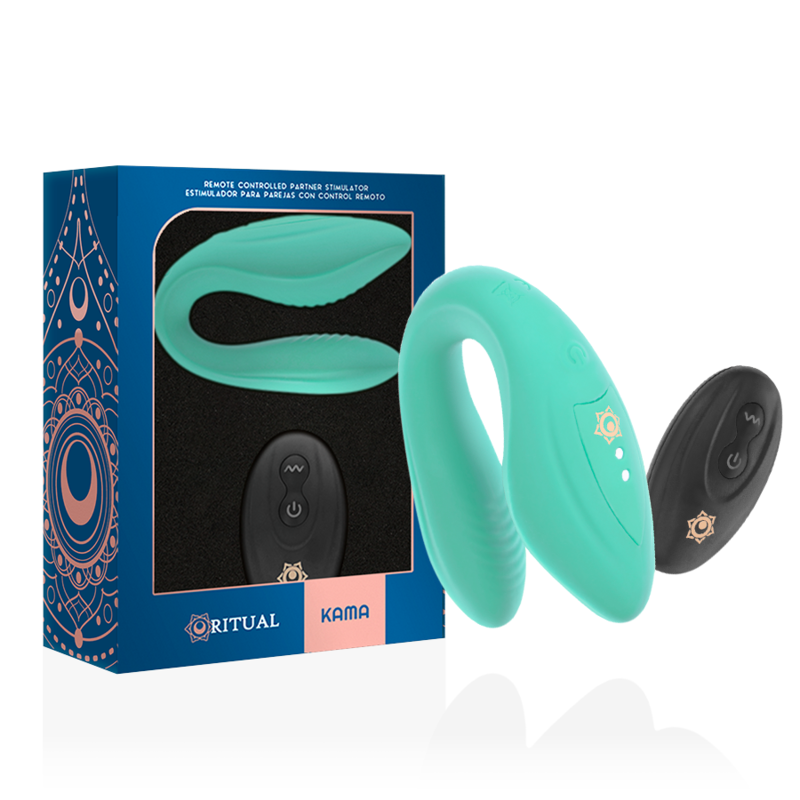 Boite bleue Rithual Kama avec vibrateur couple vert et telecommande, packaging mandala dore du sextoy couple en silicone telecommande sans fil