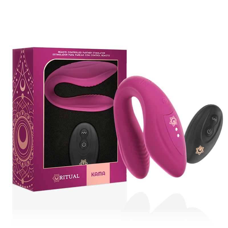Boite rose Rithual Kama avec vibrateur couple fuchsia et telecommande, packaging mandala dore du sextoy couple en silicone telecommande sans fil