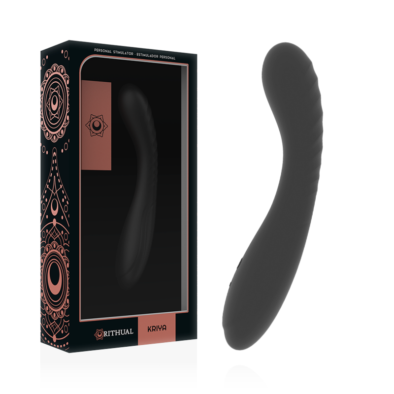 Boite noire Rithual Kriya et stimulateur point G noir courbe, packaging mandala cuivre du sextoy en silicone medical rechargeable USB etanche