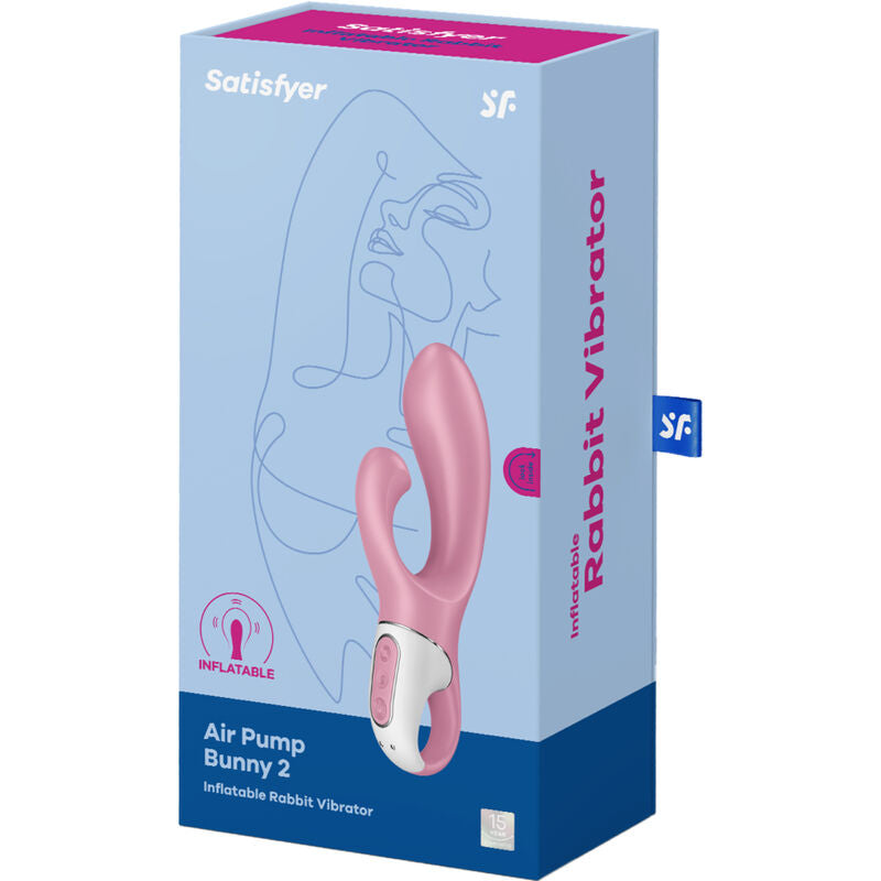 Boite Satisfyer Air Pump Bunny 2 Inflatable Rabbit Vibrator avec dessin de visage stylise et illustration du lapin rose, tige gonflable en silicone etanche