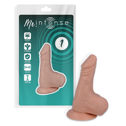 Pochette Mr Intense numero 1 verte et petit gode realiste veine pose a cote, gland net et testicules, modele d'initiation a ventouse de 16,5 cm en PVC.