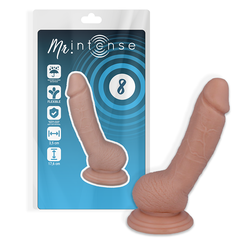 Pochette Mr Intense numero 8 bleue et gode realiste veine couche a cote, gland net et testicules, modele standard a ventouse de 18 cm en PVC.