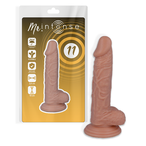 Pochette Mr Intense numero 11 doree avec gode realiste veine a cote, gland prononce et testicules, modele intermediaire a ventouse de 19,5 cm en PVC.