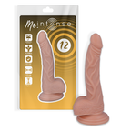 Pochette Mr Intense numero 12 et gode realiste veine presente a cote, gland marque et testicules, modele intermediaire a ventouse de 19,5 cm en PVC.