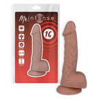 Gode realiste Mr Intense numero 16 sur blister rouge, modele chair a gland veines et testicules sur ventouse, pictogrammes de flexibilite et dimensions