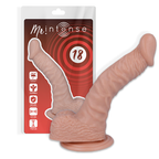 Gode realiste Mr Intense numero 18 sur blister rouge, fut chair courbe a gland veines et testicules sur ventouse, pictogrammes de flexibilite