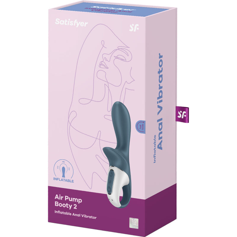 Boite lilas Satisfyer Air Pump Booty 2 Inflatable Anal Vibrator avec dessin de visage stylise et illustration du jouet gris, tige gonflable en silicone etanche