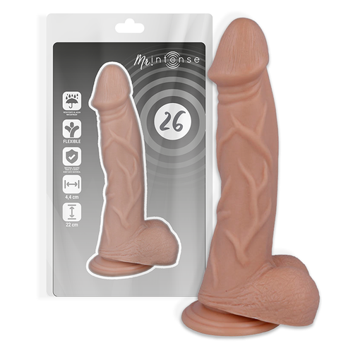 Gode realiste Mr Intense numero 26 sur son blister, modele chair veine a gland et testicules, indications de flexibilite et dimensions du jouet