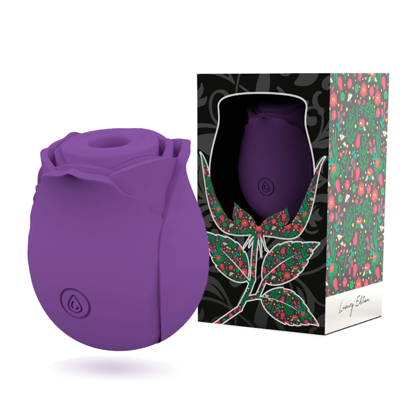 Stimulateur par succion violet en forme de rose presente pres de son coffret floral noir, silicone doux, design discret a ondes d'air sans contact.
