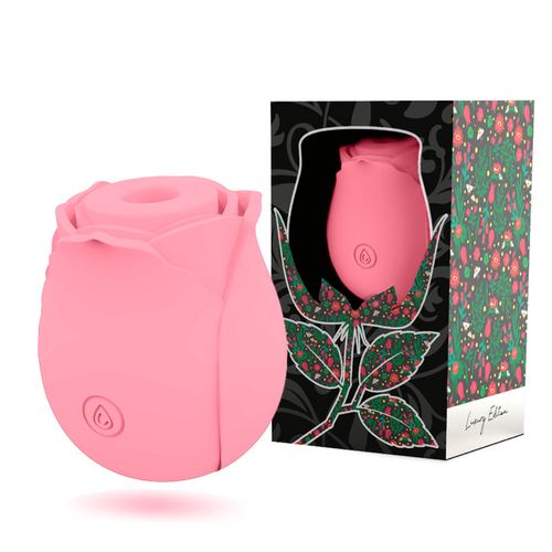 Stimulateur par succion rose en forme de rose presente a cote de son coffret floral noir, silicone doux, design discret par ondes d'air sans contact.