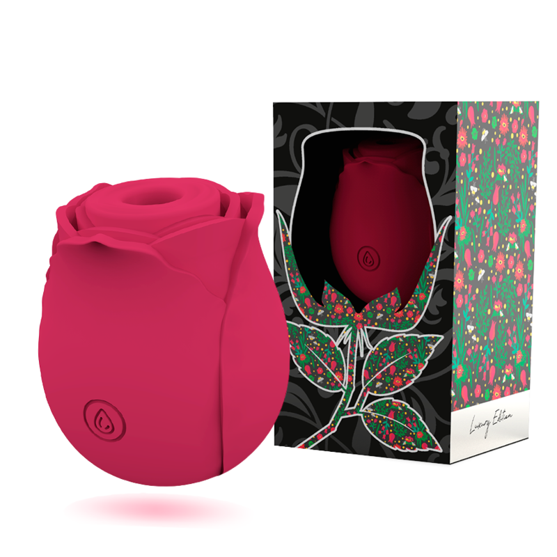 Stimulateur clitoridien aspiration rose en forme de rose presente avec sa boite florale, illustrant le format compact en silicone doux agissant par ondes de pression sans contact.