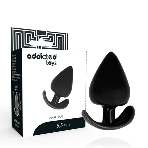 Boite Addicted Toys Anal Plug 5,5 cm avec le plug en silicone noir en forme de goutte a cote, pointe conique et base ancre incurvee de maintien.