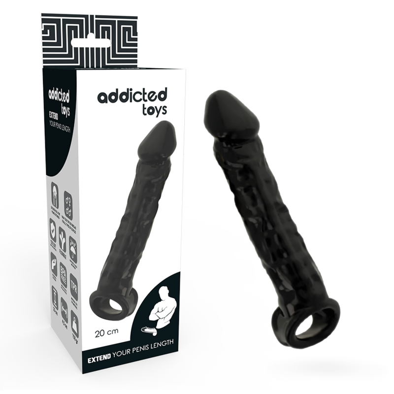 Boite Addicted Extend Your Penis Length de 20 cm avec gaine noire realiste a gland a cote, extension penienne texturee fume a anneau testiculaire.