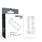 Boîte et produit Addicted Toys « Rings Set for Penis », anneaux transparents texturés avec schéma de tailles (22 mm / 20 mm)