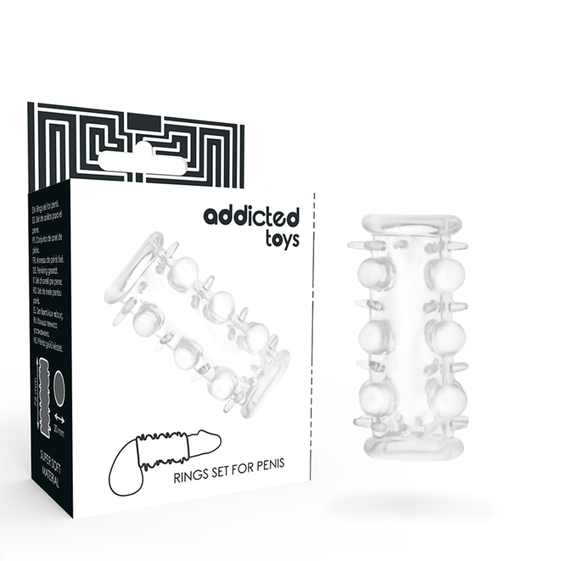 Boîte et produit Addicted Toys « Rings Set for Penis », anneaux transparents texturés avec schéma de tailles (22 mm / 20 mm)