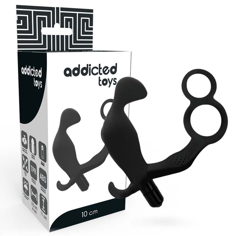 Boite Addicted Toys 10 cm avec le plug anal vibrant a double anneau penien en silicone noir, accessoire masculin combine plug et bagues.