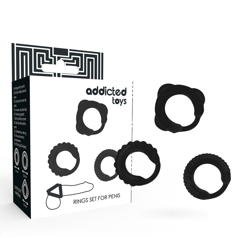 Lot d'anneaux peniens Addicted noirs textures devant leur boite Rings Set for Penis, plusieurs diametres pour un maintien confortable de l'erection.