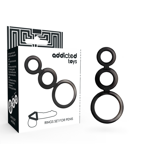 Boite Addicted Toys rings set for penis avec le lot de trois anneaux peniens fumes etages, accessoire de maintien de l'erection et retardateur.