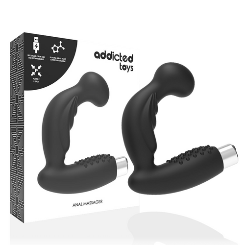 Boite Addicted Toys anal massager avec deux masseurs prostatiques en silicone noir, tige bulbeuse et manche texture vibrant rechargeable USB.