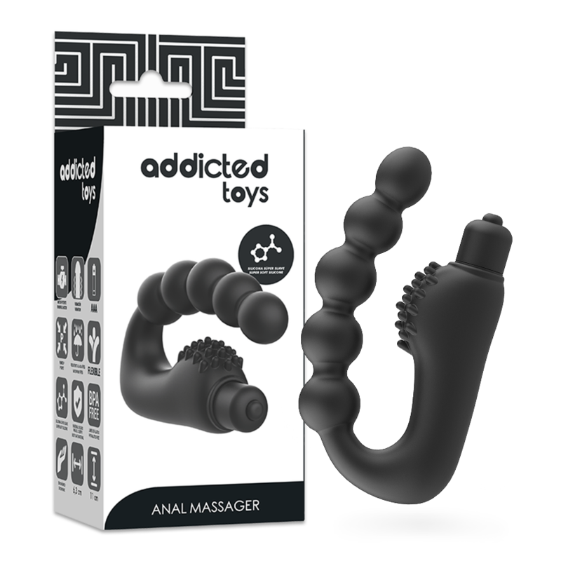 Boite Addicted Toys Anal Massager du masseur silicone noir a billes courbe et bullet vibrant, packaging et produit cote a cote, vibration prostate.
