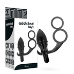 Boite Addicted Toys 8 cm du plug vibrant a double anneau, packaging et produit silicone noir cote a cote, fonction vibration ciblant la prostate.