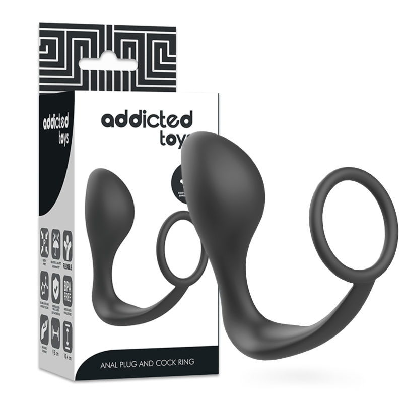 Boite Addicted Toys Anal Plug and Cock Ring du plug prostate silicone noir a anneau penien, packaging et produit cote a cote, deux-en-un masculin.