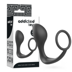 Boite Addicted Toys Anal Plug and Cock Ring du plug prostate silicone noir a anneau penien, packaging et produit cote a cote, deux-en-un masculin.