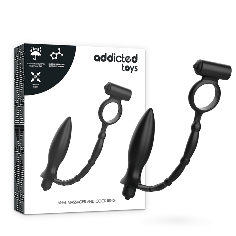 Boite Addicted Toys Anal Massager and Cock Ring du plug effile a anneau penien et bullet, packaging et produit silicone noir cote a cote.